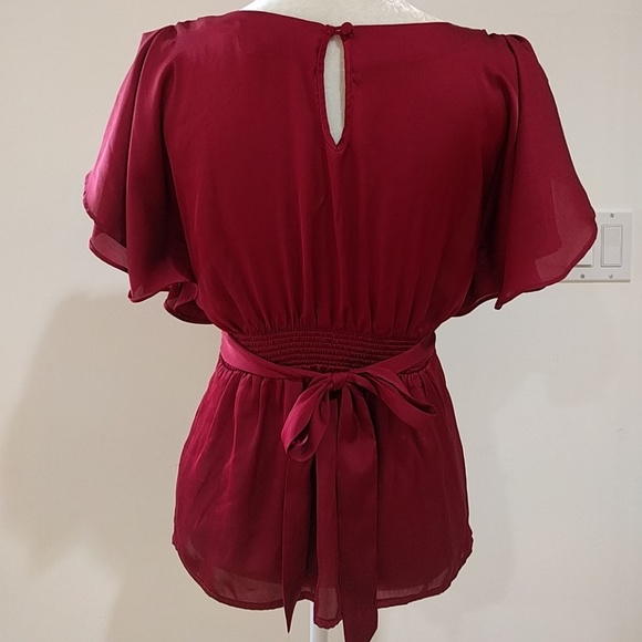 RARE - Red Shiny Flutter Sleeve Tie + Elastic Waist Top - Picture 3 of 6